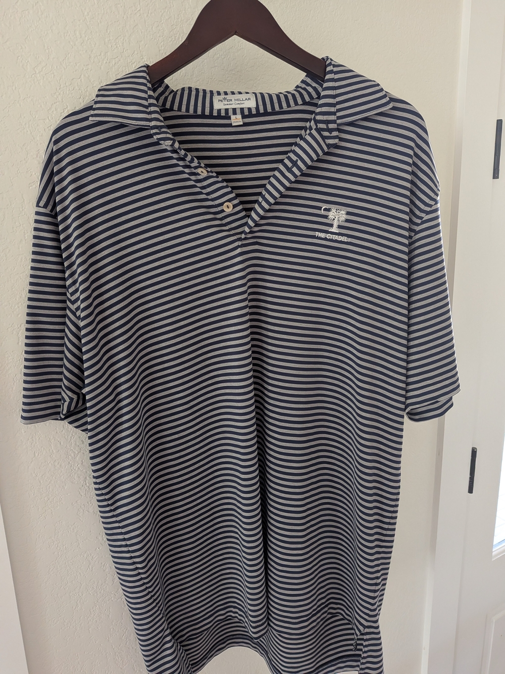 Peter Millar Boys Blue & White Striped Polo with Embroidered Palm